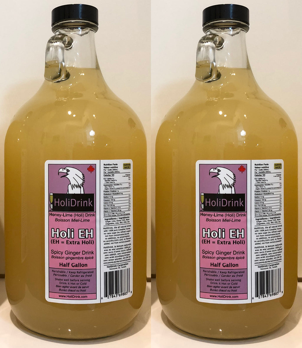 2x ½ Gallon glass bottles of HoliDrink Holi EH Spicy Ginger