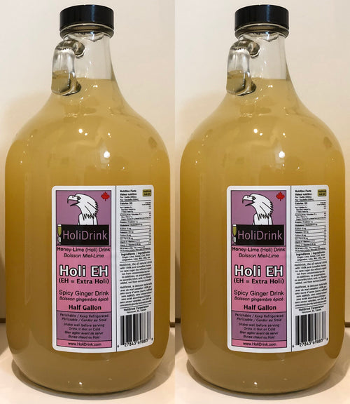 2x ½ Gallon glass bottles of HoliDrink Holi EH Spicy Ginger