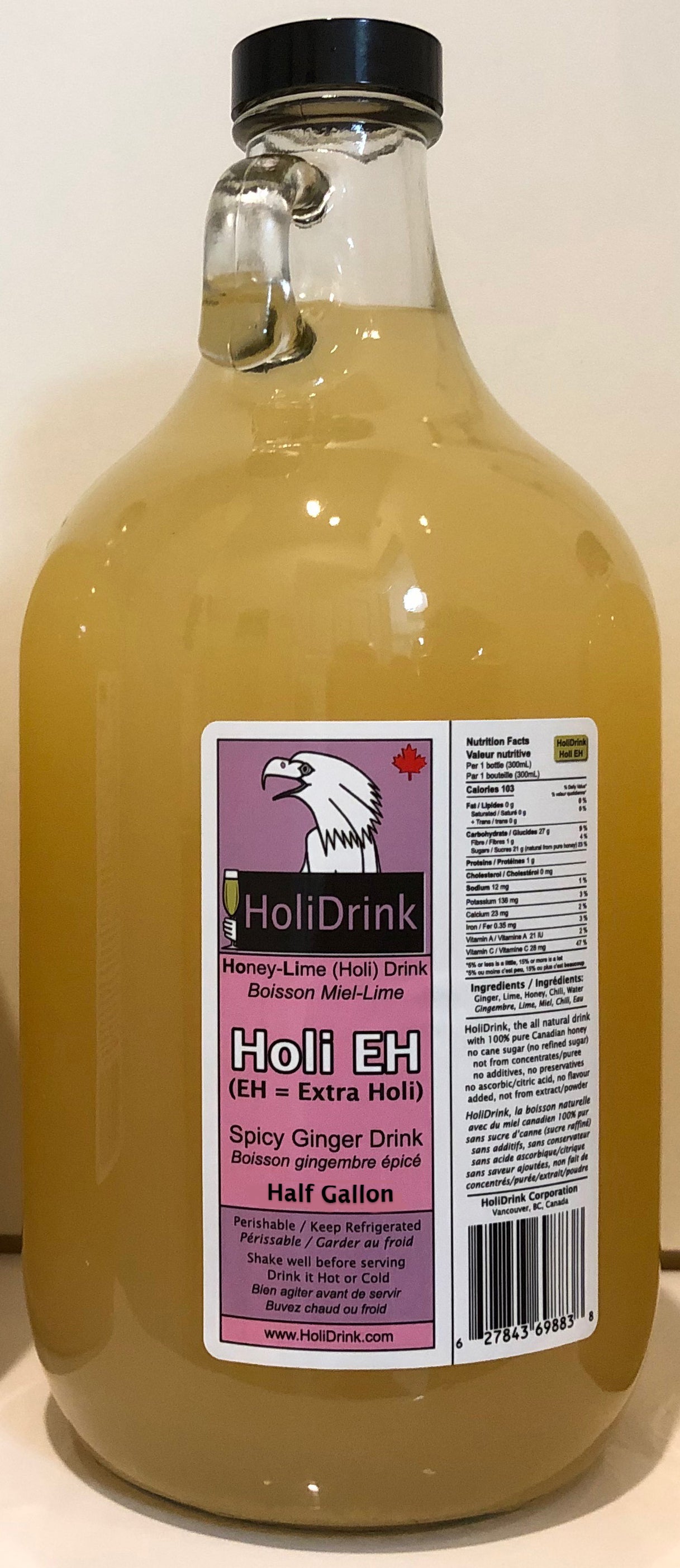 ½ Gallon glass bottle of HoliDrink HoliEH Spicy Ginger